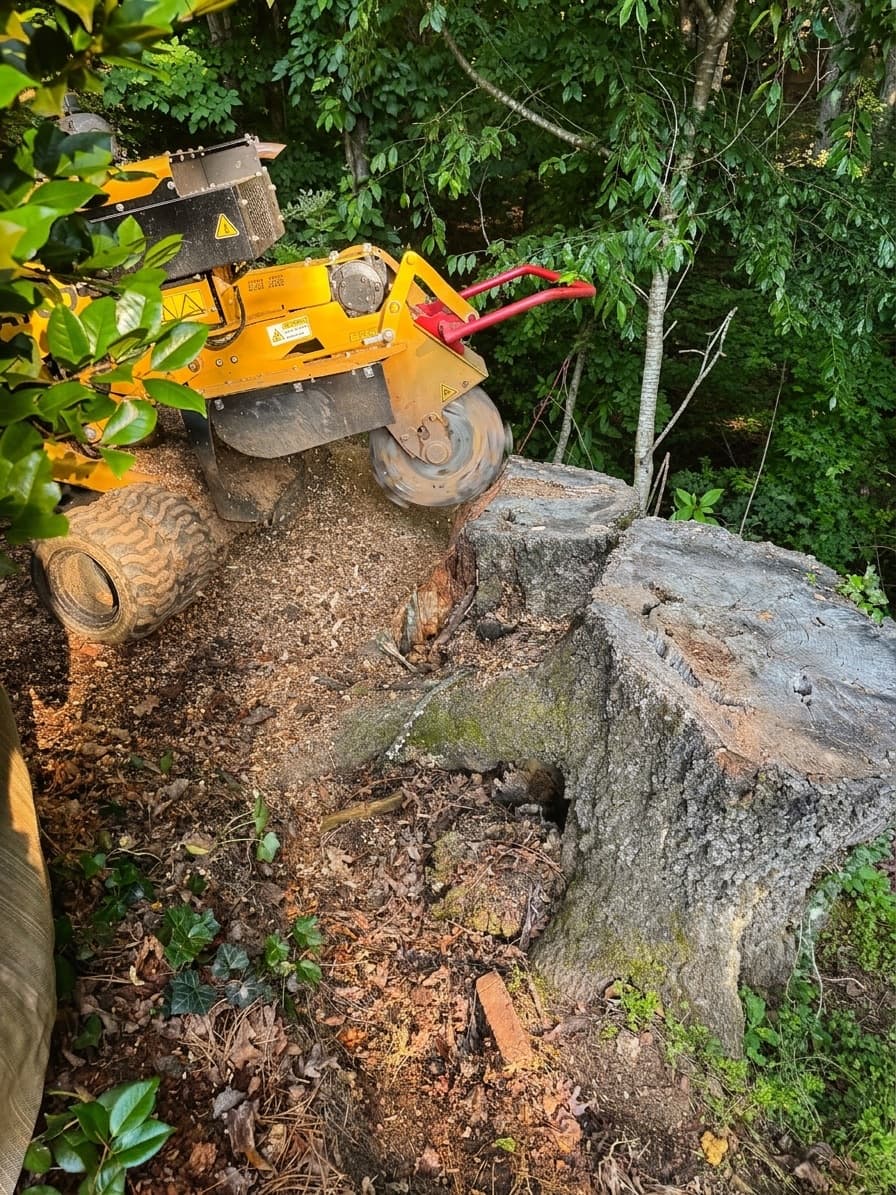 Track-mounted stump grinder working a north Atlanta yard